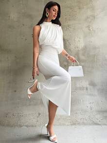 Firerie 女士优雅浪漫约会派对婚礼宾客连衣裙，不对称褶皱肩部长袖修身连衣裙，适合情人节、约会、派对、下午茶、度假、拍照等场合，新款女士连衣裙 - 白色 - 查看 2