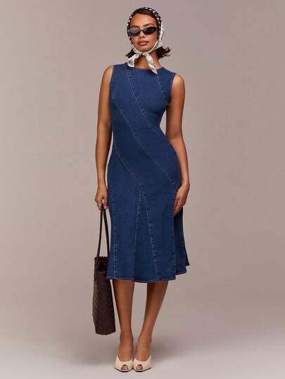 COSMINA Women's Sleeveless Asymmetric Patchwork Denim Midi Dress, Casual Commute Vacation High Street Minimalist Denim Dress