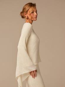 COSMINA 女士不对称肩部长款针织连衣裙，不对称袖亮片针织长裙，休闲波西米亚风连衣裙，米色、杏色、浅黄色、白色 - 杏色 - 查看 1