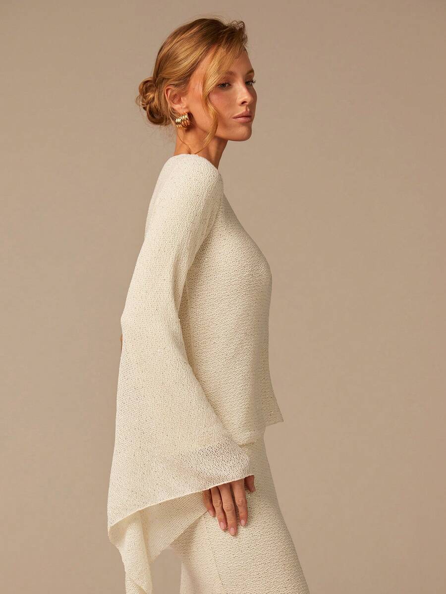 COSMINA 女士不对称肩部长款针织连衣裙，不对称袖亮片针织长裙，休闲波西米亚风连衣裙，米色、杏色、浅黄色、白色 - 杏色 - 查看 1