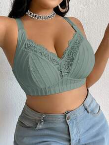 DesireSculpt 1pc Plus Size Lace Patchwork Wireless Bra - Army Green - View 5