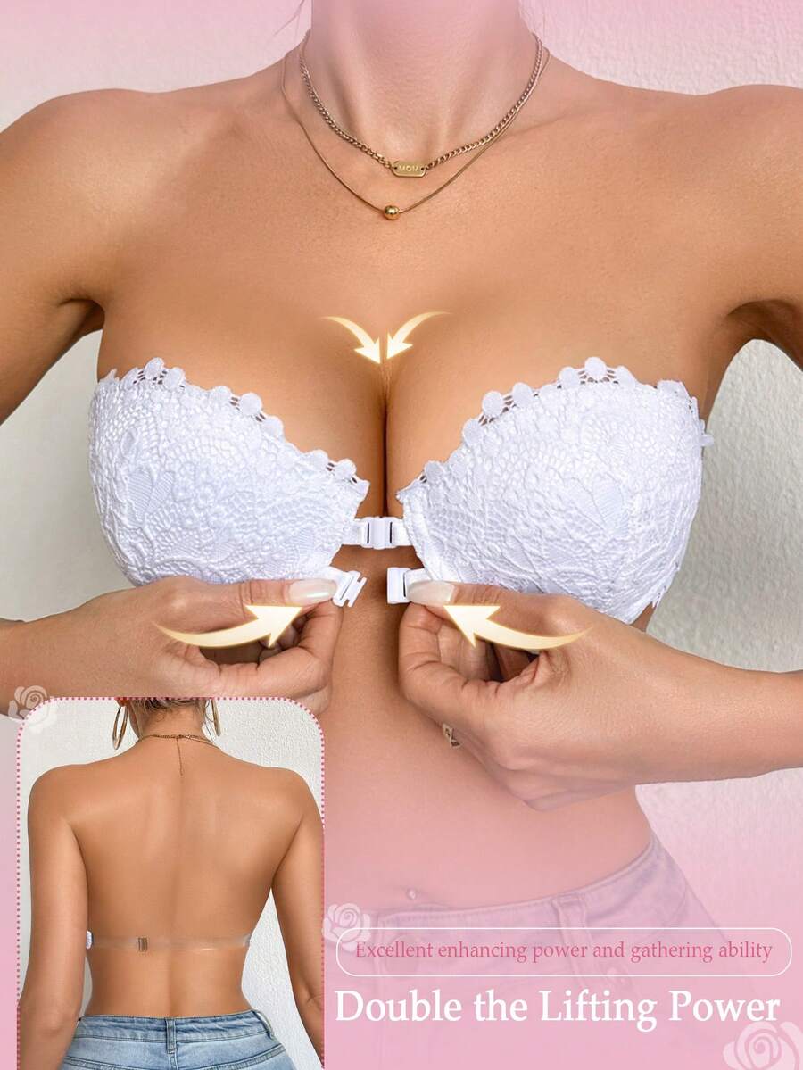 DesireSculpt 1件装女士钢圈前扣蕾丝文胸，性感舒适，提拉支撑 - 白色 - 查看 1