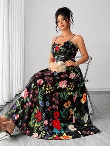 Elenzga 加大码随机印花黑色底亮丽花朵热带度假风吊带收腰A字长裙，优雅性感 - 彩色 - 查看 7