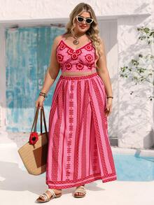 Vivid Eden Plus Size Women V-Neck Camisole Top & High Slit Maxi Skirt,Pink Boho Striped Print 2-Piece Set,Summer Beach Holiday Outfits,Criss-Cross Back Sundress - Hot Pink - View 4
