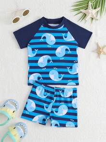 Baby/Toddler Boys' 2-Piece Swimsuit Set, Raglan Sleeve, Whale & Striped Print Swimwear - Multicolor - View 1
