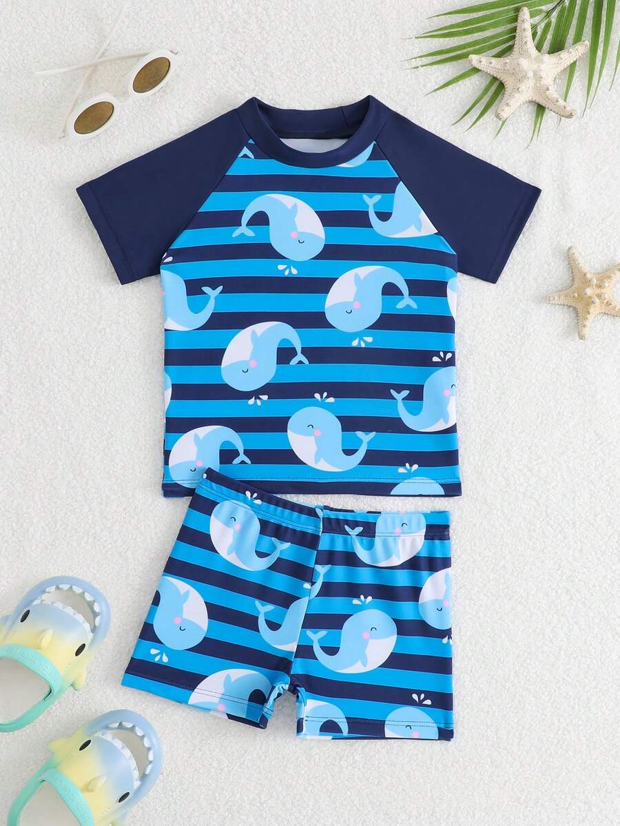 Baby/Toddler Boys' 2-Piece Swimsuit Set, Raglan Sleeve, Whale & Striped Print Swimwear - Multicolor - View 1