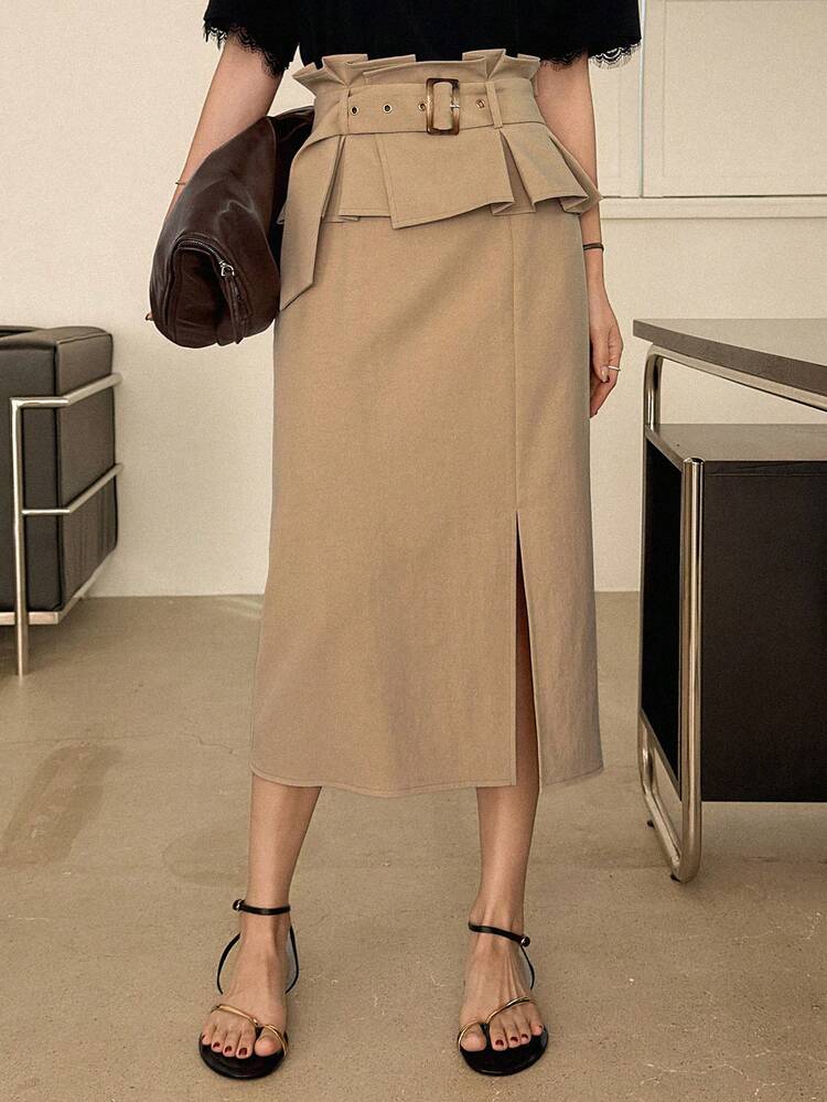 Women's Solid Color High Slit Belted Casual Skirt