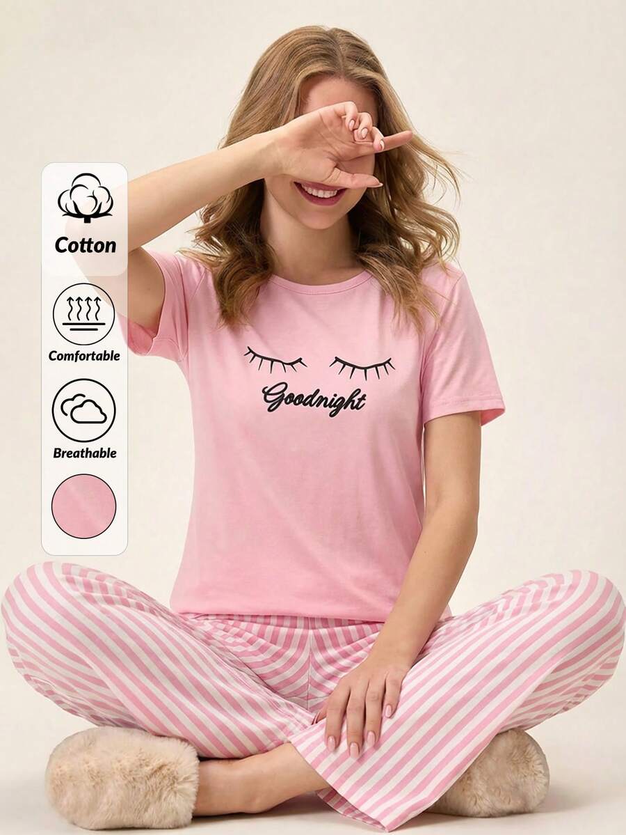 Loomlin Cottnline Cotton 2Pcs Eye Printed Short Sleeve Shirt And Striped Long Bottom Pj Set Women S Pajama Cute Pajamas For Woman - Pink - View 1