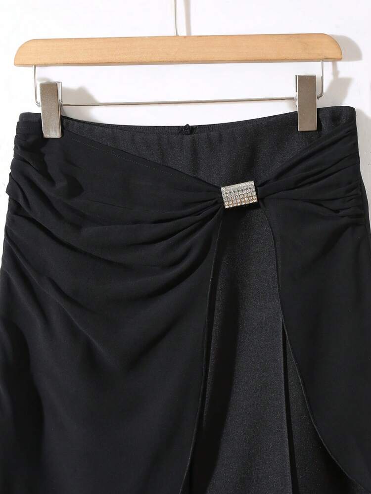 Franclia Pantalones acampanados de gasa elegantes con decoración de strass para vacaciones y citas - Negro - Añade 3