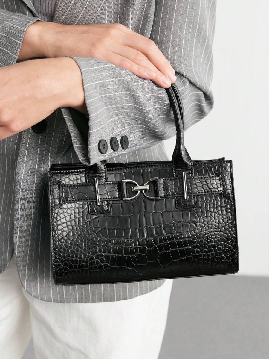 SHECARRY Women's Handbag, Elegant Black Crocodile Embossed PU Leather Tote Bag, Suitable For Commuting - Black - View 1