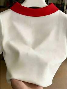 Franclia Áo thun ngắn tay ôm dáng cổ thêu dành cho nữ - trắng - Xem 2