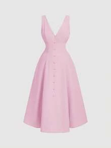 SHEIN MOD 加大码女式杏色V领纽扣长连衣裙，优雅办公室收腰连衣裙 - 粉色 - 查看 1