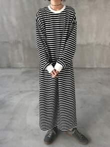 FRIFUL 女士条纹圆领落肩长袖休闲宽松中长连衣裙 - 黑色 - 查看 5