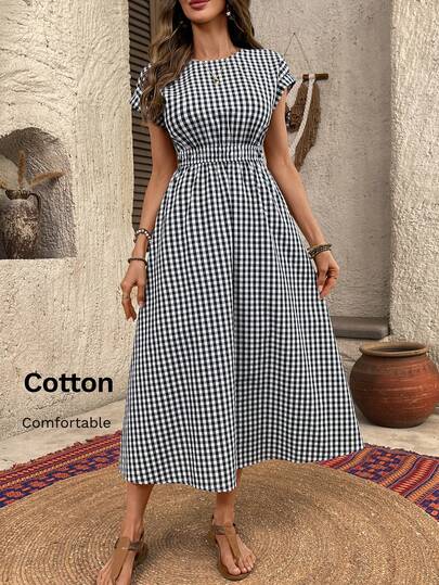 EMERY ROSE Women's Casual Vacation Plaid Print Waist Cinched Long Dress Cotton Dresses Casual Long Dress Picnic Dress For Woman Women Vacation Dress Gingham Dress Elegant Dresses For Women Vacation Outfits Women Elegant Dresses For Ladies Summer Dress Holiday Outfits For Women Summer Outfits