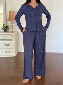 DAZY 2pcs Polka Dot Print Long Sleeve Cardigan And Pants Women Pajama Set, Autumn - Navy Blue - View 5