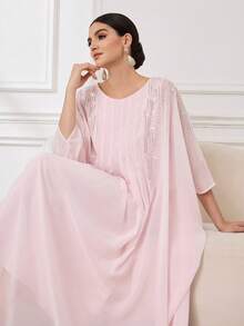 Al Najma Elegant & Chic Party/Banquet/Date Rhinestone Batwing Sleeve Loose Arabic Traditional Long Dress - Pink - View 7