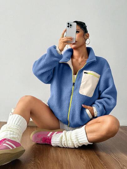 Exploreva Women's Contrast Color Zipper Long Sleeve Sports Jacket, Fashionable For Autumn/Winter