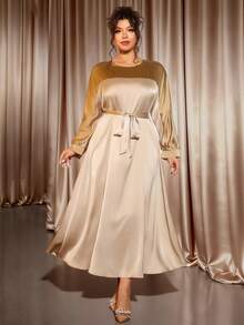 Cravure Plus Size Round Neck Long Sleeve Foil Patchwork Contrast Color Waist Tie Pullover Dress, Champagne, Autumn, Elegant, Casual Vacation Party Commute - Khaki - View 9