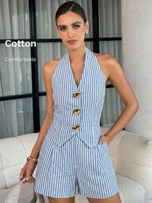 Lavishia Women's Casual Vacation Style Striped Print Metal Button Halter Top And Shorts 2 Piece Set - Blue and White - View 1