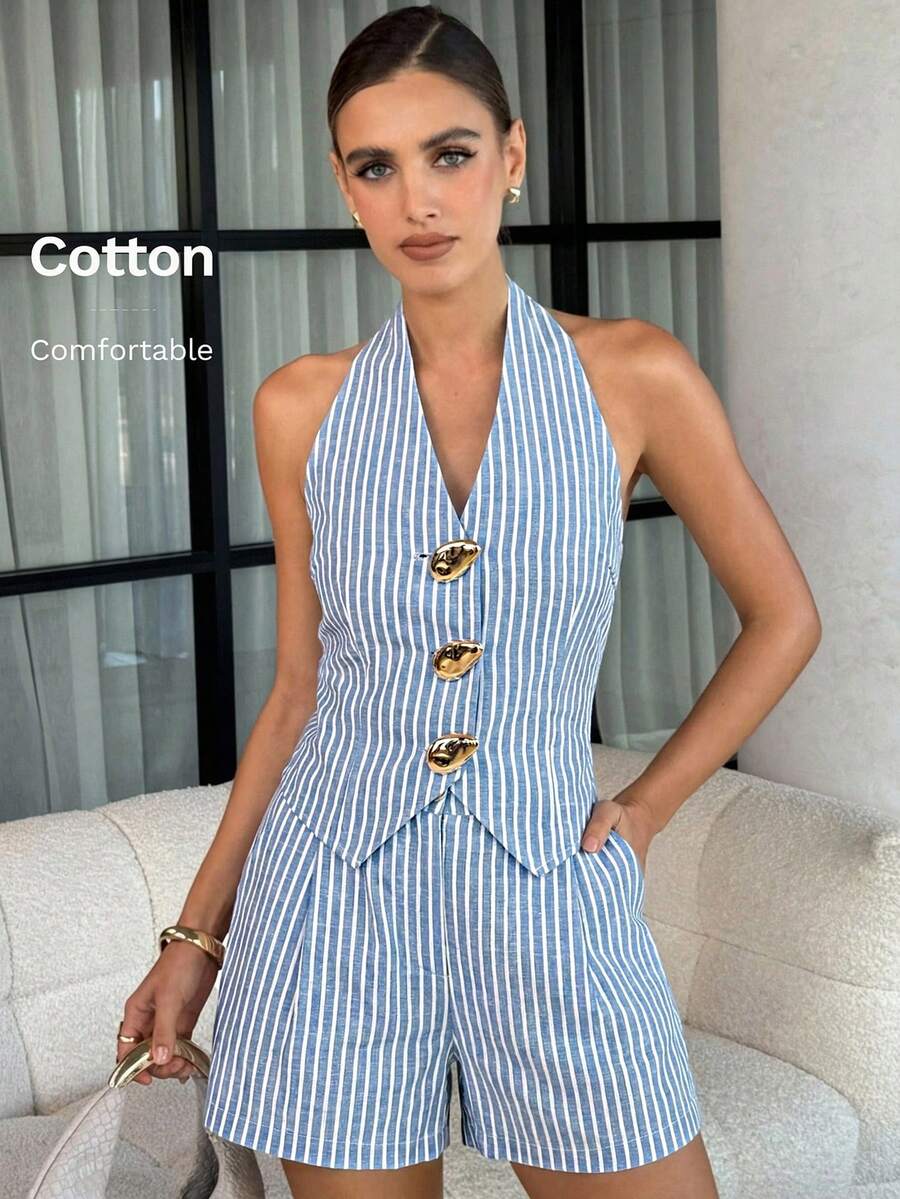 Lavishia Women's Casual Vacation Style Striped Print Metal Button Halter Top And Shorts 2 Piece Set - Blue and White - View 1