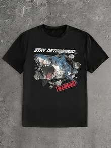 HIMLAND Men's Casual Everyday Shark Illustration Print T-Shirt - Black - View 1