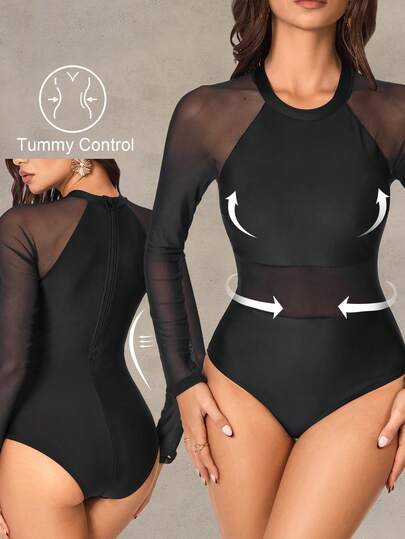 Shapewave 1pc Tummy Control Long Sleeve Mesh One-Piece Swimsuit, Sexy Beach Vacation, Spring/Summer,2026 New Women's Swimwear ArrivalFor School,Suitable For Holiday, Date, Afternoon Tea, Western, Cruise, Beach, Island, Road Trip, All Seasons, Music Festival, Boho Vacation,Bohemian Vacation, Chill Autumn ,Western Boho ,Elegant Tops For Women Long Sleeve Bathing Suit Women Swimsuit Tummy Control Rashguard Swimsuit Women Mesh Bodysuit Curve Bodysuit