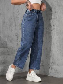 SHEIN ICON 大码女式休闲宽松直筒浅蓝色牛仔裤 - 中等水洗藍 - 查看 5