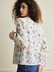 Écloséra 复古法式花卉刺绣泡泡袖荷叶边圆领紫色印花女士长袖衬衫，春夏款 - 彩色 - 查看 6