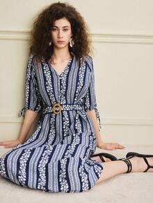 Écloséra New Women's Fashion: Elegant French Retro Navy Blue Dress With Small Stand Collar, Blue Stripes, White Decorative Buttons, And Wooden Buckle Belt. Short-Sleeved Dresses For Spring/Summer, A-Line Dresses, Floral Dresses, Dresses From Spring To Summer, Mid-Length Dresses, And Casual Dresses. - Navy Blue - View 6