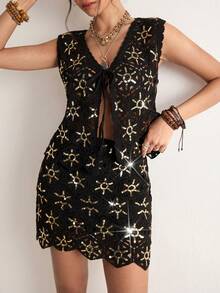 Freevana Bohemian Apricot Contrast Sequin Crochet 2-Piece Set: Sleeveless V-Neck Tie Vest + High Waist Ruffle Hem Mini Skirt, Niche Design Vacation Style Early Spring - Multicolor - View 3