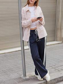 Maija 女士侧条纹抽绳腰直筒宽松休闲裤，节日 - 藏蓝色 - 查看 4