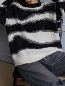 Maija 女士黑白撞色休闲宽松圆领长袖毛衣，四季皆宜，春季嬉皮风 - 黑與白 - 查看 6