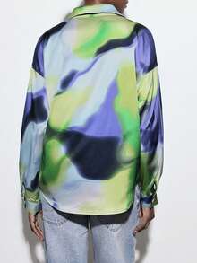 Maija 女士时尚百搭扎染印花缎面单排扣翻领长袖衬衫，春季 - 彩色 - 查看 3