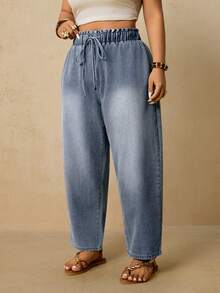 Travachic 大码休闲水洗抽绳腰牛仔裤 - 中等水洗藍 - 查看 5