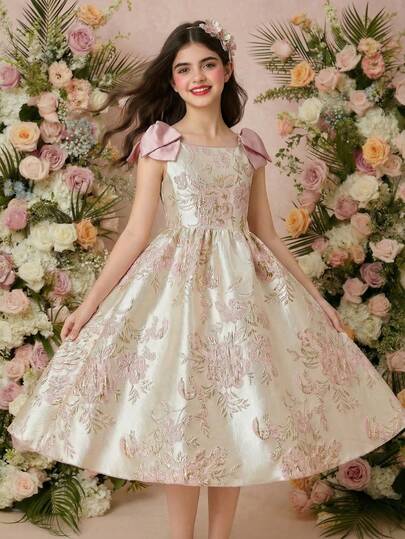 Flower Girl High-End Textured Fabric Bow Shoulder A-Line Short Dress, Suitable For Wedding, Prom, Birthday Party, Banquet