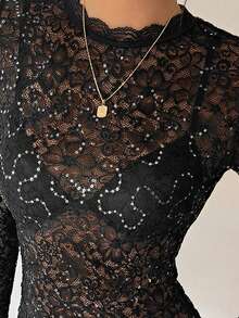 Siren Gaze 女士春季黑色花卉亮片蕾丝圆领长袖透视性感上衣，黑色蕾丝长袖上衣，黑色透视上衣，夏季上衣，春季女装，情人节，女士嘉年华服装，亮片上衣，黑色上衣 - 黑色 - 查看 8