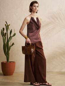 INAWLY Sexy Pleated Collar Draped Neck Backless Camisole Top For Women - Coffee Brown - View 5