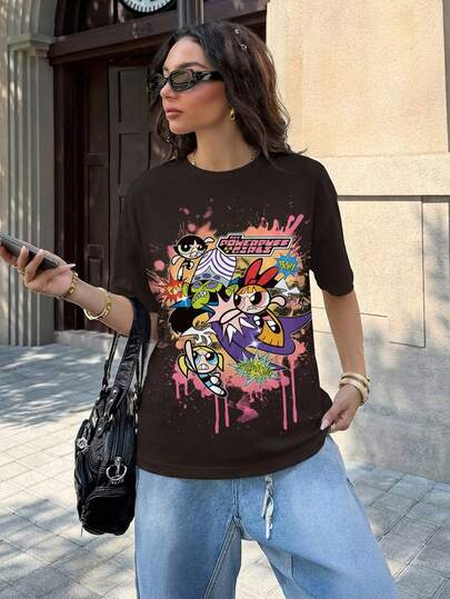 THE POWERPUFF GIRLS X SHEIN Women's Casual Cartoon Pattern Round Neck Short Sleeve T-Shirt, Summer