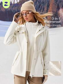 OutZeal Women 2‑In‑1 Waterproof Jacket Warm Thermal Lined Drawstring Waist Zip Pocket Outdoor Shell Jacket Hiking Camping Fall Winter