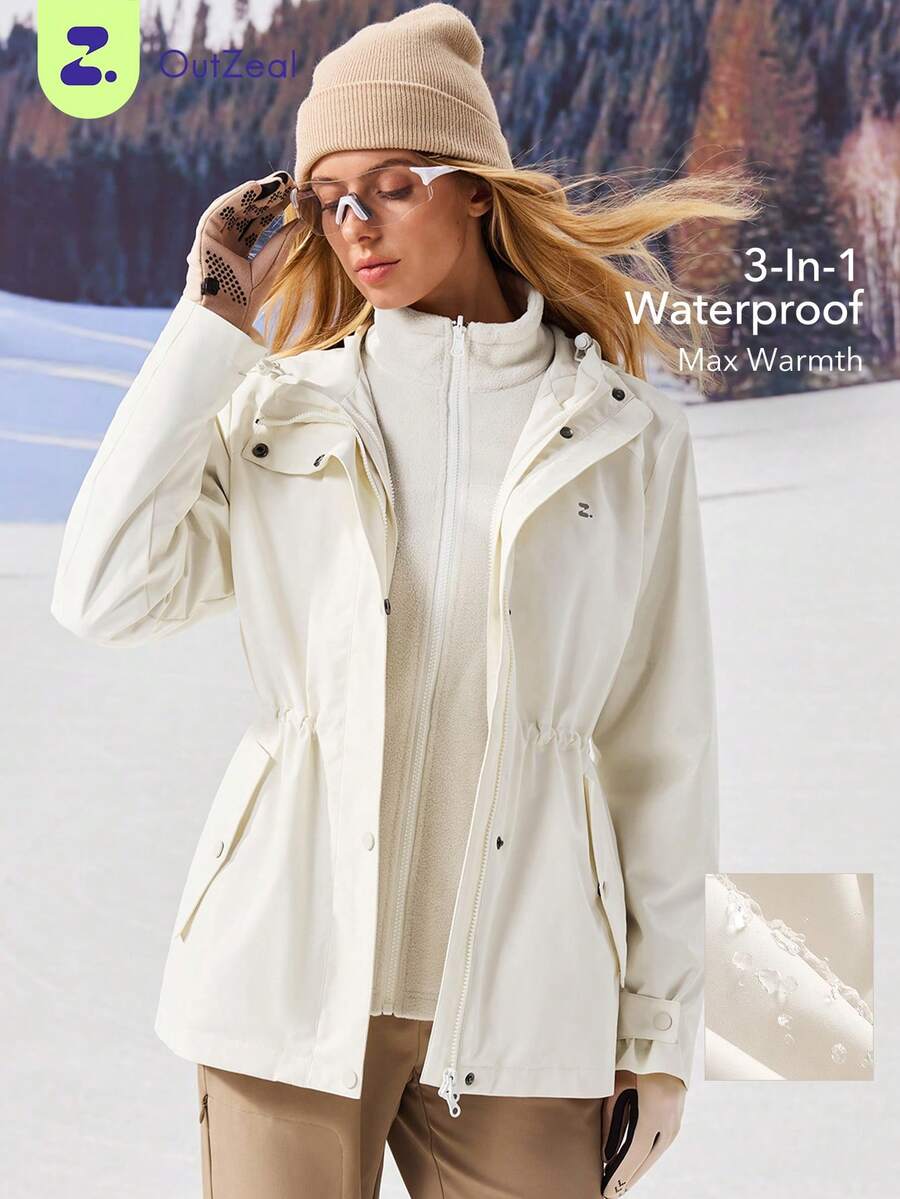 OutZeal Women 2‑In‑1 Waterproof Jacket Warm Thermal Lined Drawstring Waist Zip Pocket Outdoor Shell Jacket Hiking Camping Fall Winter