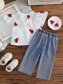 SHEIN Vintaside Kids Baby Mädchen Wassermelonen Stickerei Rundhals Rüschen Kurzarm Top und Jeans Hose Lässig Outfit - Weiss - Übersicht 2