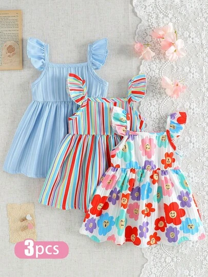 SHEIN 3件套女婴碎花无袖连衣裙、彩虹条纹无袖连衣裙和纯色无袖连衣裙，适合居家、户外、度假、派对和日常穿着。