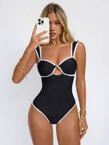 Shapewave 女士黑白海星印花连体泳衣，聚拢提臀，收腹提臀，交叉露背设计，适合海滩度假派对 - 黑與白 - 查看 9