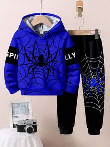 SHEIN Young Boys Autumn New Spider Casual Minimalist Cute Cartoon Loose Fit Relaxed Long Sleeve Hoodie 2 Pieces Set, Suitable For Autumn/Winter Fall - Multicolor - View 2