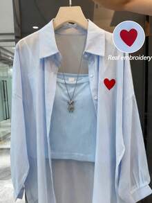 SHEIN Franclia Women's Loose Blue Heart Embroidered Long Sleeve Shirt, Suitable For Spring/Summer - Blue - View 1