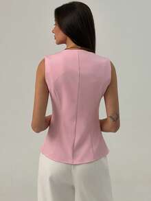 Aloruh 女士金属单排扣休闲薄款马甲外套 - 粉色 - 查看 2