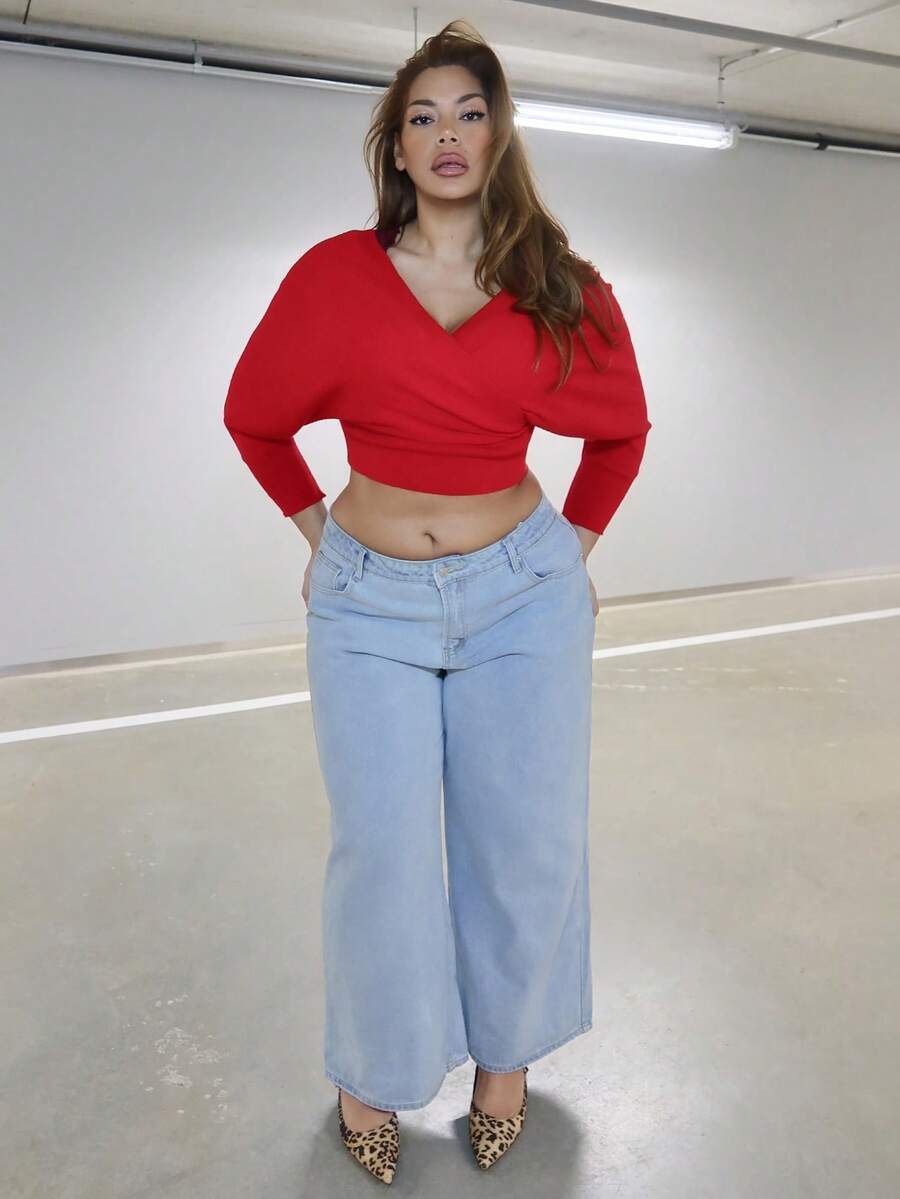 MelDlgn Plus Off Shoulder Surplice Neck Wrap Cross Wrap Cross Sweater In Fall/Winter - Red - View 1