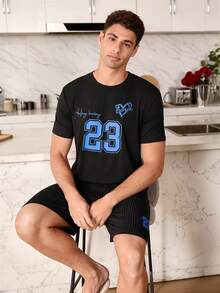 CoupledUp 时尚数字印花休闲运动男士短袖睡衣套装 - 黑色 - 查看 2