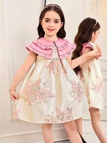 SHEIN 少女撞色拼接露背立领A字连衣裙，适合家庭度假、可爱优雅时尚的派对、生日等场合，尽显公主风范，母女姐妹装也同样适用。春夏款。 - 粉色 - 查看 8