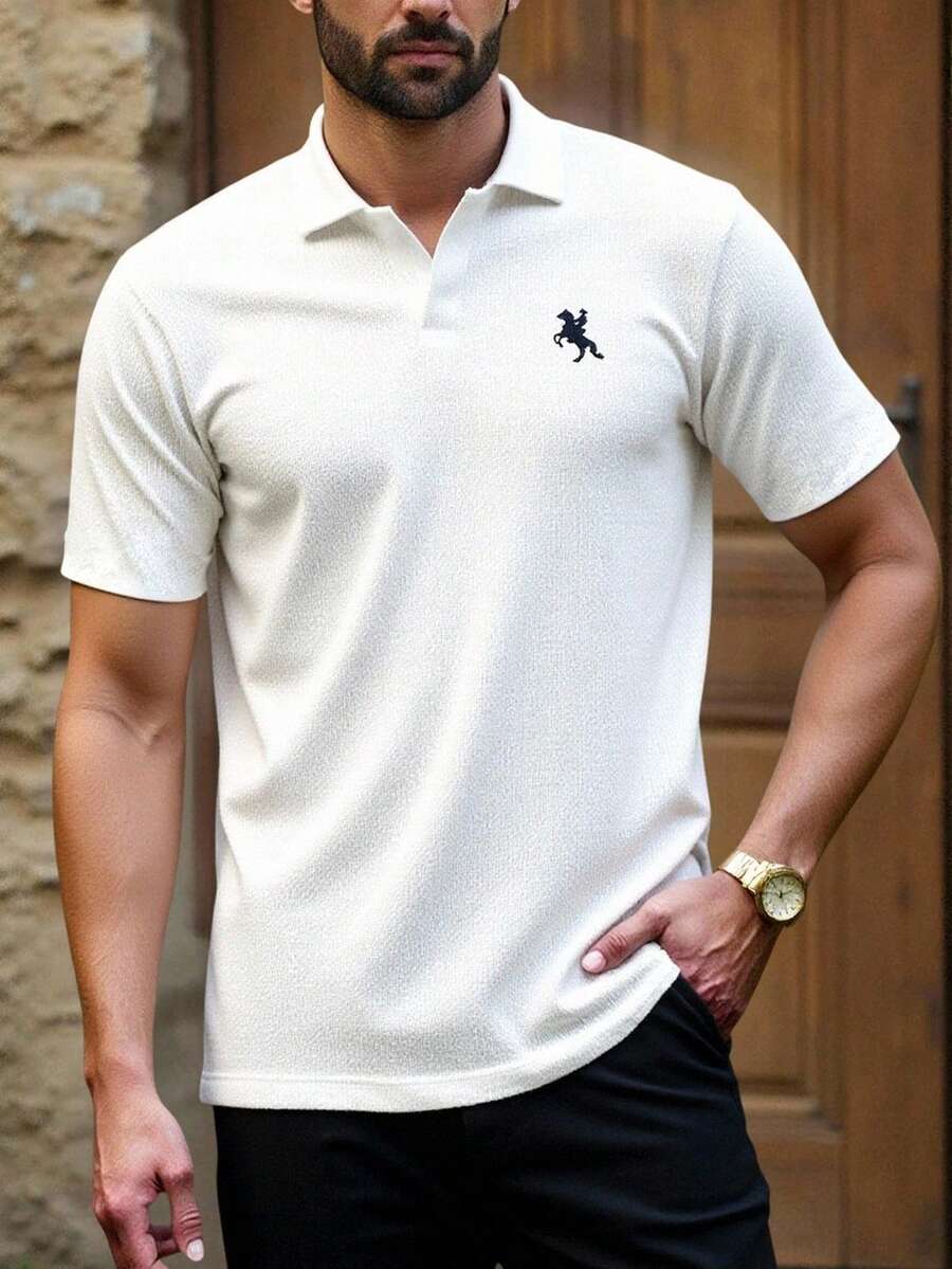HIMLAND Men's Knight Embroidery Short Sleeve Casual Commuter Polo Shirt - White - View 1